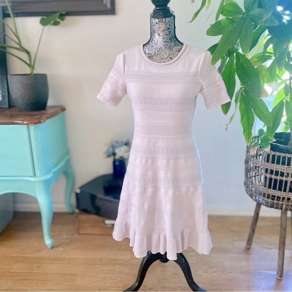 Eliza J Pointelle Eyelet Knit Fit & Flare Ruffle Hem Bodycon Dress in Soft Lilac - Picture 1 of 10